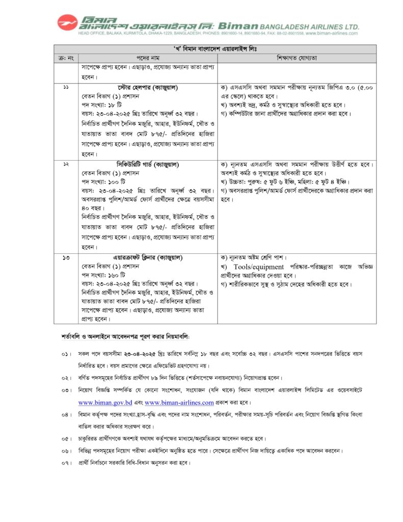 BIMAN BANGLADESH Job Circular 2025